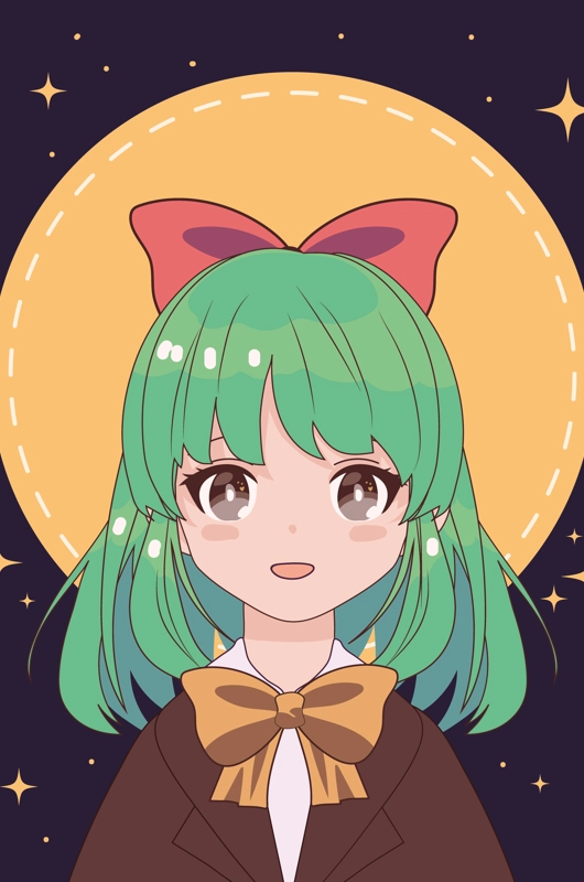 manga pige med grønt halvlangt hår og rød sløjfe i håret