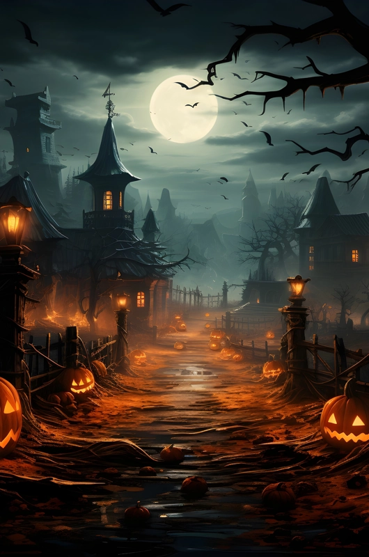 Billedet viser et uhyggeligt spøgelsesslot omgivet af lysende græskarhoveder