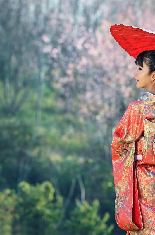 japansk dame i rød kimono og rød paraply